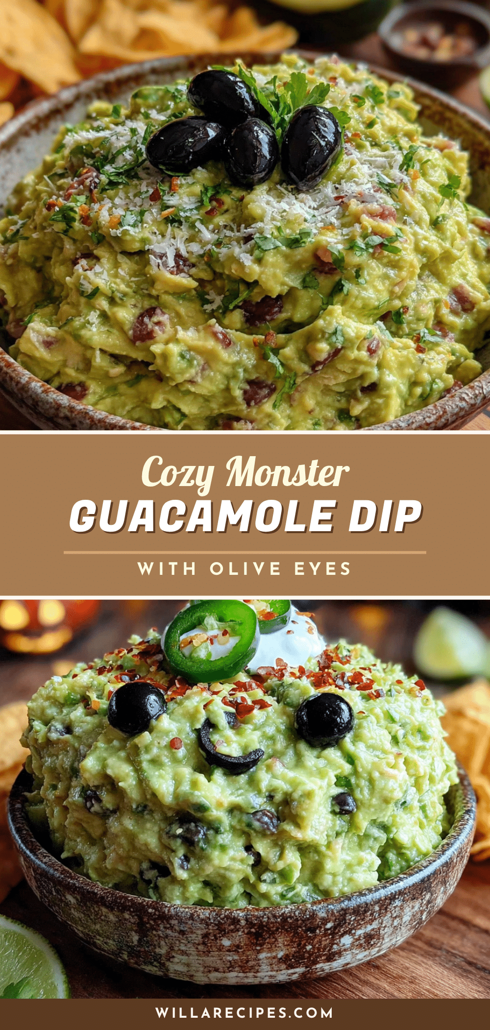 cozy monster guacamole dip with olive eyes recipe